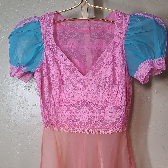 Sheer Fairycore Lace Patchwork Maxi Dress Pink Blue | Side Zip | Small - Picture 2 of 16